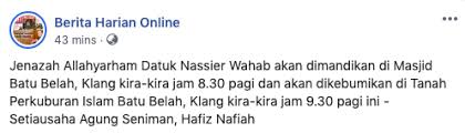 Penyanyi popular zaman 80an, dato nassier wahab (57) meninggal dunia di pusat pakar universiti malaya (umsc), kuala lumpur, jam 12.45 tengah malam tadi. Muntah Darah Mengejut Nassier Wahab Meninggal Dunia