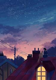 Stars Girl Cat Building Architecture Night Abstract Illustration Anime Scenery Scenery Wallpaper Aesthetic Art
