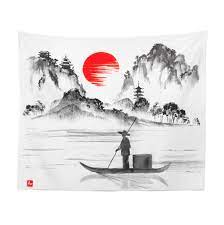 Japanese Tapestry Japanese Wall Hanging Japanese Wall Decor Japanese Wall Art Oriental Tapestry Oriental Wall Hanging Oriental In 2021 Japanese Ink Painting Japan Art Japanese Drawings