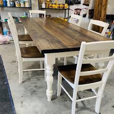 7ft Rustic Farmhouse Table With Chairs And Turned Legs Dark Walnut Top And Antique White Base Wooden Dining Table Rustic Farmhouse Table Rustic Kitchen Tables Walnut Kitchen Table