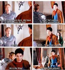 Alright Two Pillows Hahahhah I Loved These Scenes When Uther S Head Hit The Apples On The Floor And They Went Rol Merlin Funny Merlin Merlin And Arthur
