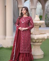 BEAUTIFUL CHICKENKARI DESIGN*Price 18bd Shirt chiffon fabric Back front  heavy chickenkari embroidered 2 Side Dori Long length style Neck handmade  work Dupatta also chiffon 4 border kiran lase Gharara half chiffon fabric