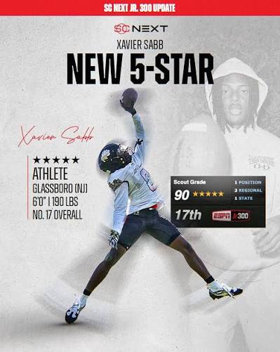 Xavier Sabb picked up his 5th star in the latest SC Next Jr. 300 update 📈 @ xavier.sabb Sabb ranks as the No. 1 athlete in the nation and the top  prospect in