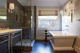 Unique primary bathroom with a large primary bathroom with a wooden wall matching the hardwood flooring. Bathroom Flooring Ideas 2019 The Best Options For A Home Decor Aid
