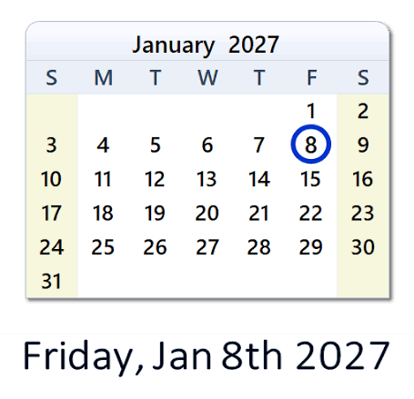 January 8, 2027 Calendar with Holidays & Count Down - USA
