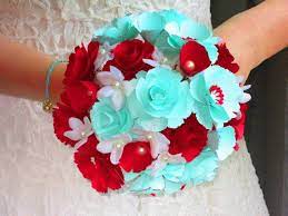 Peach garden roses star in this bouquet, sweet as iced peach tea and filled out with white peony, green viburnum, blush sweet pea and dusty miller. Love These Paper Bouquet Wedding Flower Bouquet Wedding Tiffany Blue Wedding