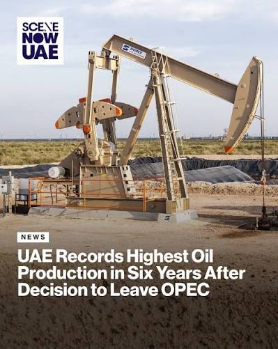 Crude oil production in the UAE climbed above 3.8 million barrels per day  in June, reaching its highest level since April 2020 following the  country's exit from OPEC and OPEC+. June's production