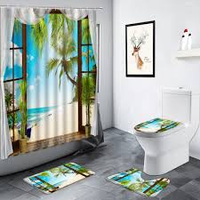 Tropical sea beach palm tree shower curtain set bathroom. Beach Palm Trees Seaside Scenery Shower Curtain Tropical Green Plants Creative Decor Bathroom Rug Non Slip Toilet Bath Mats Set Big Promo Acf087 Goteborgsaventyrscenter