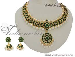South Indian Kemp Stone Temple Jewelry Necklace And Earring Bharatanatyam Dance Gold Necklace Indian Bridal Jewelry Gold Jewellery Design Long Pearl Necklaces