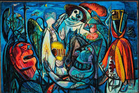 Writhing flickering figures in bold colors.