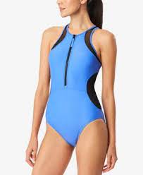 Speedo High Neck Zip Front Illusion One Piece Swimsuit Blue Xl One Piece Swimsuits High Neck Swimsuit Top