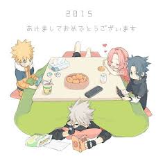 Happy New Year 2015 Text Team 7 Naruto Sasuke Sakura Kakashi Book Cute Table Ramen Eating Videogames Naruto Anime Naruto Naruto Cute Kakashi