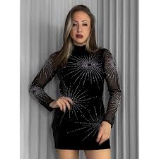 VESTIDO CURTO MANGA LONGA COSTAS NUA VELUDO HOTFIX KEFERA | Poderosa Veste  Rosa