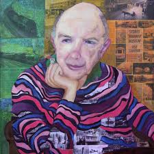 Dianna Budd's 'Dale' Mixed media 87.5x67cm Dianna's art replicates  reflection, recollection and association where memory and moment co-exist.  Pictorial books written by Dale show his keen interest in all forms of  transport.