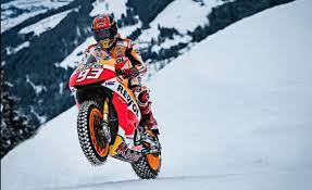 Marc Marquez Rides His Rc213v Up A Ski Slope Marc Marquez Motogp Racing Bikes
