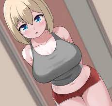 pelican (s030), original, absurdres, bad id, bad pixiv id, highres, 1girl,  arms behind back, blonde hair, blue eyes, blush, collarbone, dutch angle,  looking at viewer, micro shorts, navel, open mouth, shorts, solo,