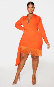Plus Orange Long Sleeve Tassel Hem Drape Detail Bodycon Dress In 2020 Plus Size Cocktail Dresses Bodycon Dress Plus Dresses