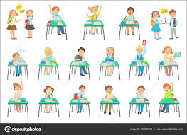 Children Sitting At School Desks In Class — Stock Vector ...