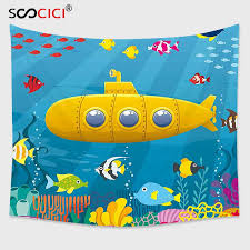 Cutom Permadani Hiasan Dinding Kapal Selam Kuning Hidup Makhluk Laut Terumbu Karang Dengan Warna Warni Ikan Laut Tropis Anak Biru Tapestry Wall Tapestry Wall Hanginghanging Wall Tapestries Aliexpress