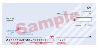 (deposit slips are not acceptable.) • checks without a preprinted name and address can only be used to establish disbursements from account a (debits). Routing Number American First Credit Union