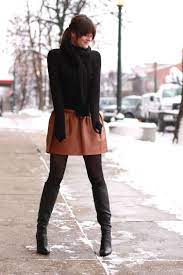 Outfit Winter Fashion 2014 Knee High Boots Black Tights Brown Skirt Leather A Line Black Sweat Brown Leather Skirt Cute Thanksgiving Outfits How To Wear