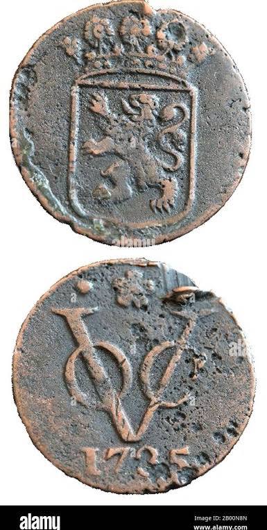 Netherlands: Two sides of a duit, a coin minted in 1735 by the VOC or Dutch East India Company. Svdmolen (CC BY 2.5 License). The Dutch East India Company (Dutch: Vereenigde Oost-Indische