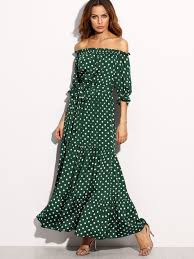 Green Polka Dot Off Shoulder Tie Waist Ruffle Maxi Dress Lyfie Maxi Dress Green Tie Waist Maxi Dress Dot Dress