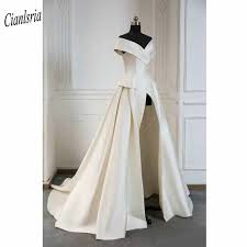 Two Pieces Jumpsuits Country Wedding Dresses Off The Shoulder Peplum Satin Overskirt High Split Wedding Dress Vestido De Novia Aliexpress