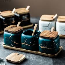 Marbled Ceramic Seasoning Cans Three Pieces Set Wooden Spice Rack Kitchen Labels Spice Jars