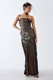 Urban Renewal One-Of-A-Kind Jane Norman Brown Mesh Bandeau Maxi Prom Dress