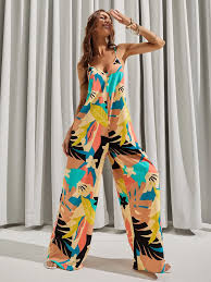 Luukse Backless Tropical Print Wide Leg Cami Jumpsuit Shein Eur