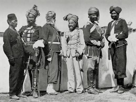 1869 British India, Amballa. Group of Indian Officers. 2nd Gurkhas, Punjab Cavalry, Sikh officer, Punjab Infantry, 14th Murray's Jats and Sikh officer. Indian Army uniforms under the British from the 18th century