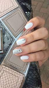 White Gel Extension Nails With Clear Crystals Gel Nail Extensions Nail Extensions White Gel Nails