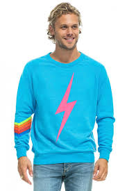 Mens Aviator Nation Crew Sweatshirts Bolt Stitch Chevron 5 Sweatshirt Neon Blue Hostal Nerja Sol