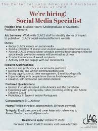 Professional social media specialist cover letter example for 2021. Clacs Is Hiring A Social Media Specialist Center For Latin American Caribbean Studies
