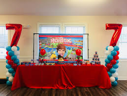 Roblox Party Set Up Decor Dessert Table Designed By Dainty Paperie Roblox Birthday Party Images Fun Birthday Party Robot Birthday Party
