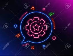 Settings Gear Line Icon. Neon Laser Lights. Cogwheel With Star Sign.  Working Process Symbol. Glow Laser Speech Bubble. Neon Lights Chat Bubble.  Banner Badge With Settings Gear Icon. Vector Royalty Free SVG,