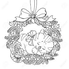 Christmas bow coloring pages are a fun way for kids of all ages to develop creativity, focus, motor skills and color recognition. Christmas Wreath Coloring Page Doodle Pattern With Cute Sleeping Kitten And A Bow Stock Photo Picture And Royalty Free Image Image 130445978
