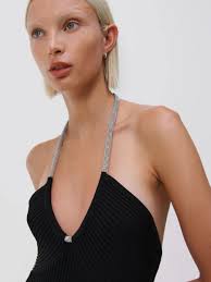 Simkhai Black Sadira Crystal Halter Midi Dress Sz Lay pegs