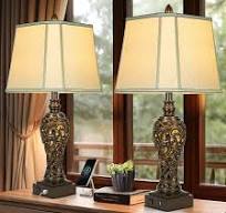 28.5" high Vintage Brown Table Lamps Set of 2 - Bedside Lamp with Faux Silk  Shades - for Bedroom and Living Room with USB and Nightlight - Perfect for  ...