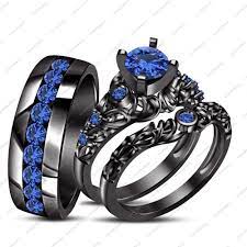 Blue Sapphire Trio Wedding His Her Band Ring Set 14k Black Gold Fn 925 Silver Black Gold Jewelry Wedding Ring Trio Sets Tourmaline Engagement Ring