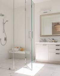 The shower curtain with a white top and horizontal gray stripes at the bottom is the perfect transition piece to add the appearance of vertical space while tying the dark floor and light walls together beautifully. 34 Walk In Shower Design Ideas That Can Put Your Bathroom Over The Top