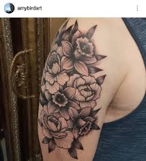 Black And Grey Daffodils And Dotwork Peony Tattoo By Amy Williams Tattoo Narcissus Tattoo Flower Tattoo Shoulder Narcissus Flower Tattoos