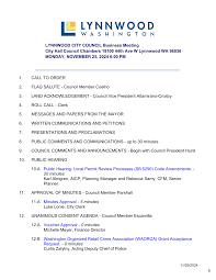 City Hall Council Chambers 19100 44th Ave W Lynnwood WA 98036 MONDAY,  NOVEMBER 25, 2024 6:00 PM 1. CALL TO ORDER 2. FLAG SALUTE
