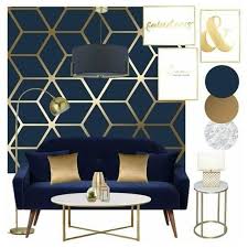 Get tips for arranging living room furniture in a way that creates a comfortable and welcoming juxtapose navy blue furniture, decor, or cabinetry with a backdrop of crisp white walls for an energizing effect. Cubic Shimmer Metallic Wallpaper Navy Blue Gold Gold Bedroom Decor Blue Living Room Decor Blue Living Room