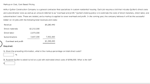 The overhead and profit percentage commonly utilized in the insurance industry is 20 percent of the estimated repair or replacement cost. Markup On Cost Cost Based Pricing Arthur Quillen Chegg Com