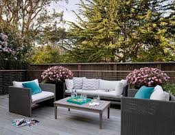 Gray Wicker Outdoor Sofa And Chairs With Teal Pillows Transitional Deck Patio Outdoor Living Space Patio Grey Outdoor Furniture Gray Patio Furniture