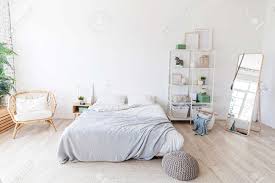 Minimalism technically describes art from the 1950's that included that bed is pretty special. Stylish Loft Bedroom Interior Spacious Design Apartment With Stock Photo Picture And Royalty Free Image Image 148630531