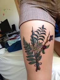 Bouquet Of Native Washington State Flora Designed By Me And Redrawn Tattood By Mekaya Martinez At Inkmonkey Tat Floral Thigh Tattoos Tattoos Body Art Tattoos