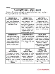 Reading Strategies Choice Board For Grades 3 5 Reading Strategies Choice Boards Reading Choice Boards